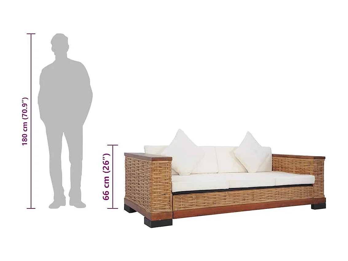 Canapé à 3 places avec coussins Marron Rotin naturel