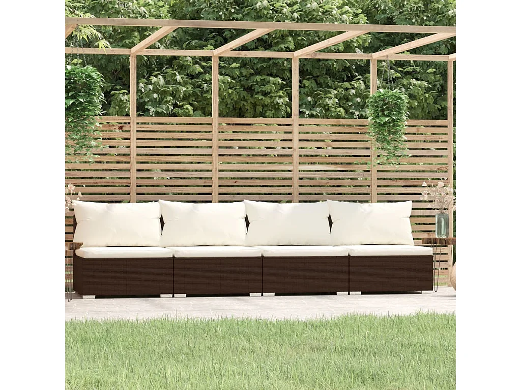 Canapé 4 places avec coussins Marron Résine tressée