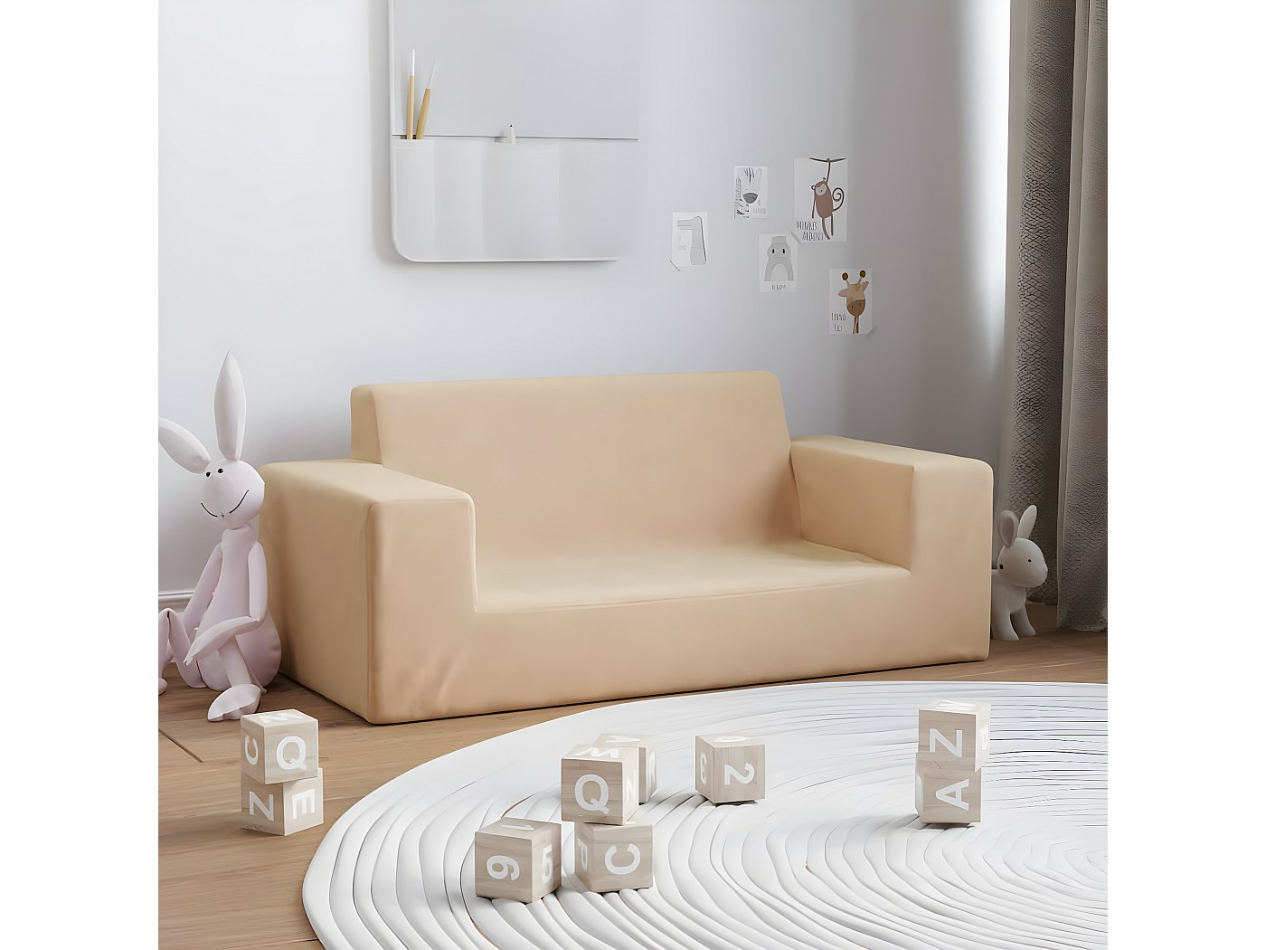 Canapé 2 Places Pour Enfants - Peluche Douce Crème, Housse Amovible - Mini-canapé Confortable Pour Petit Salon - 6