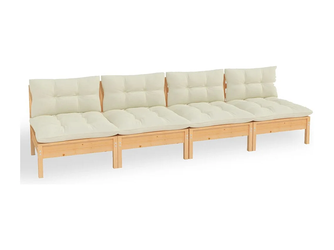 Canapé 4 places de jardin et coussins crème Bois de pin solide