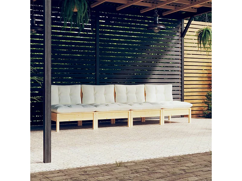 Tuinbank 4-zits met crèmekleurige kussens massief grenenhout