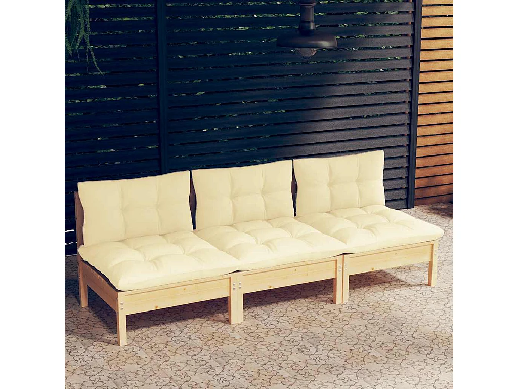 3-Sitzer-Gartensofa mit Creme Kissen Massivholz Kiefer
