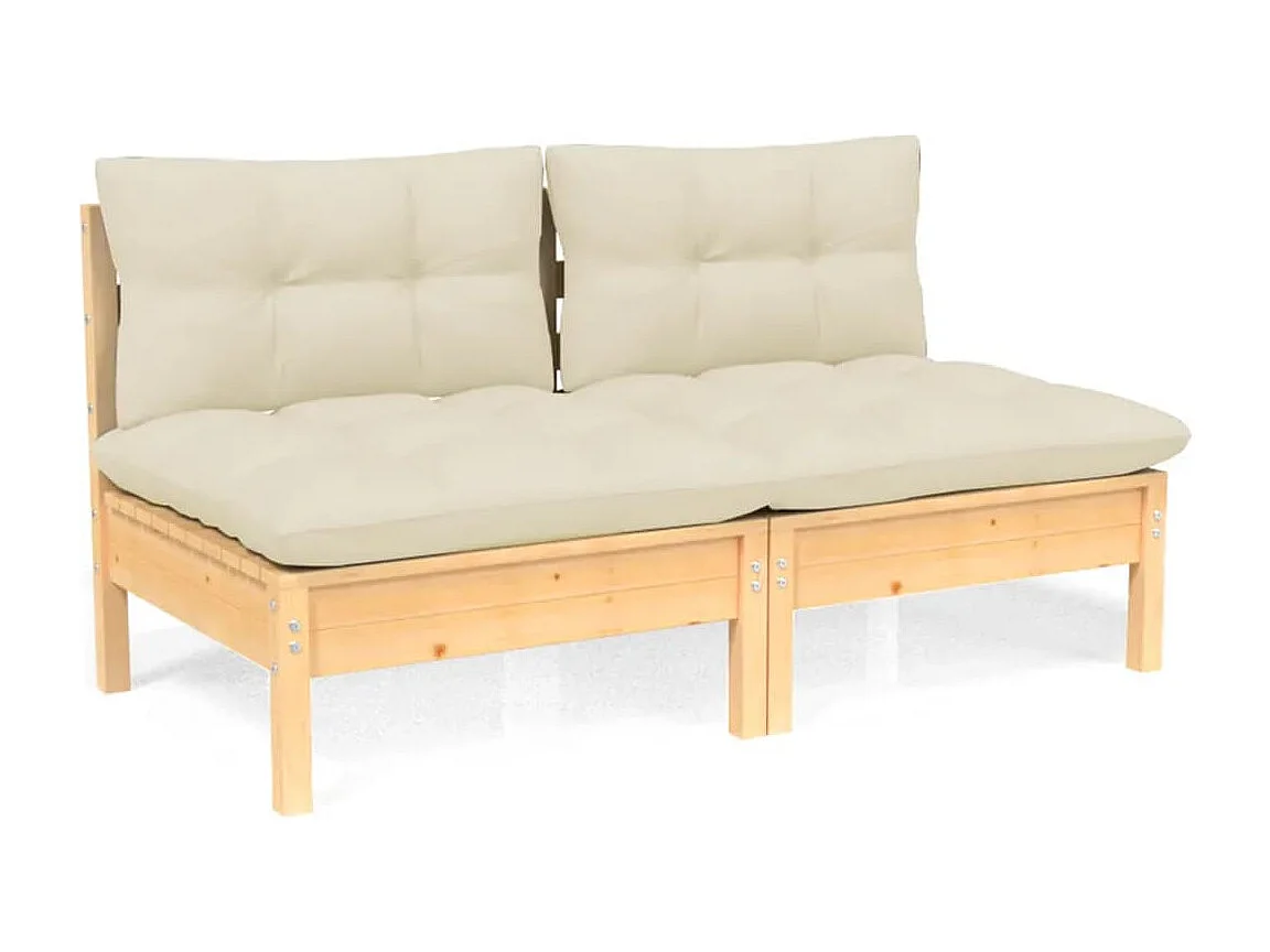 Canapé 2 places de jardin et coussins crème Bois de pin solide