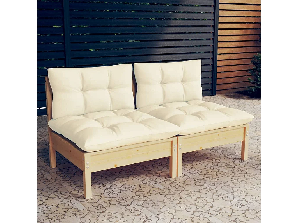 Canapé 2 places de jardin et coussins crème Bois de pin solide