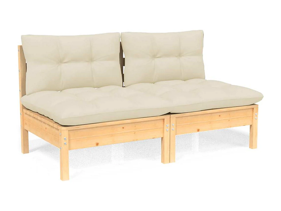 Canapé 2 places de jardin et coussins crème Bois de pin solide