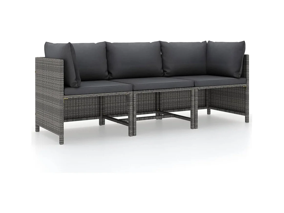 Divano da Giardino a 3 Posti con Cuscini in Polyrattan Grigio