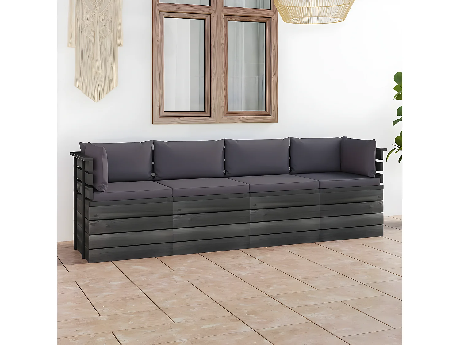 Canapé palette de jardin 4 places avec coussins Bois de pin