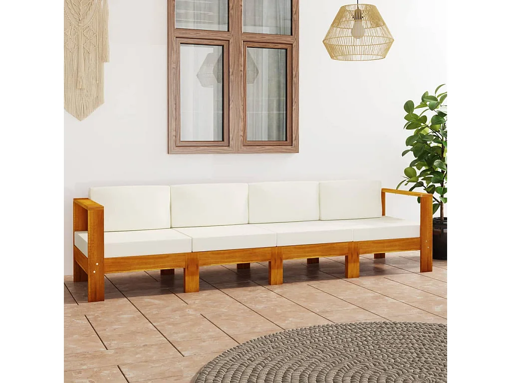 Tuinbank 4-zits met crèmewitte kussens massief acaciahout