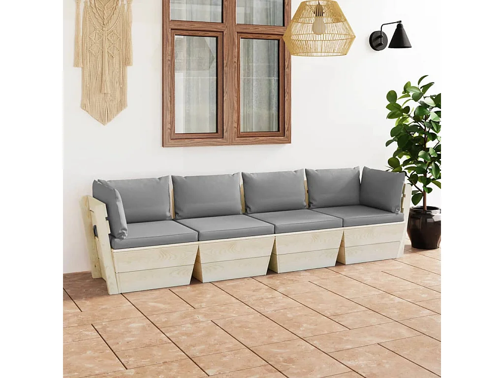 Canapé palette à 4 places de jardin avec coussins Bois d'épicéa