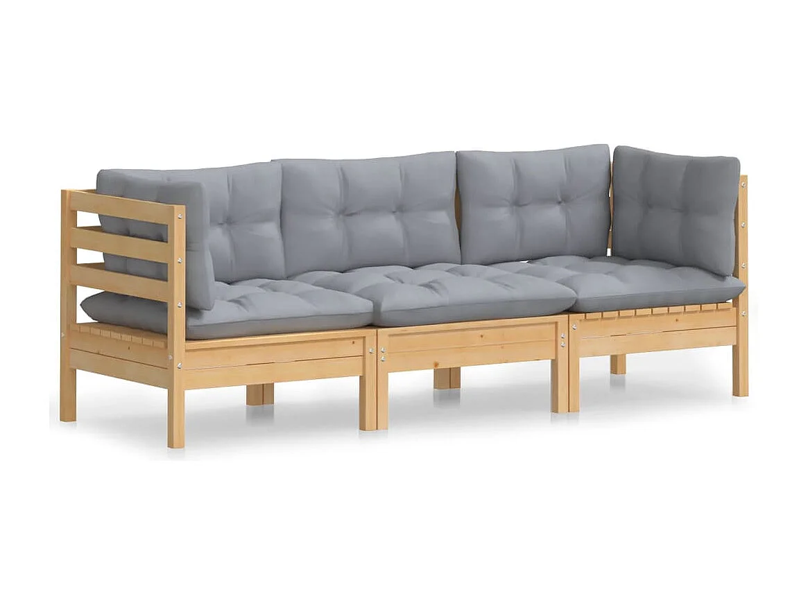 3-Sitzer-Gartensofa mit Grauen Kissen Massivholz Kiefer