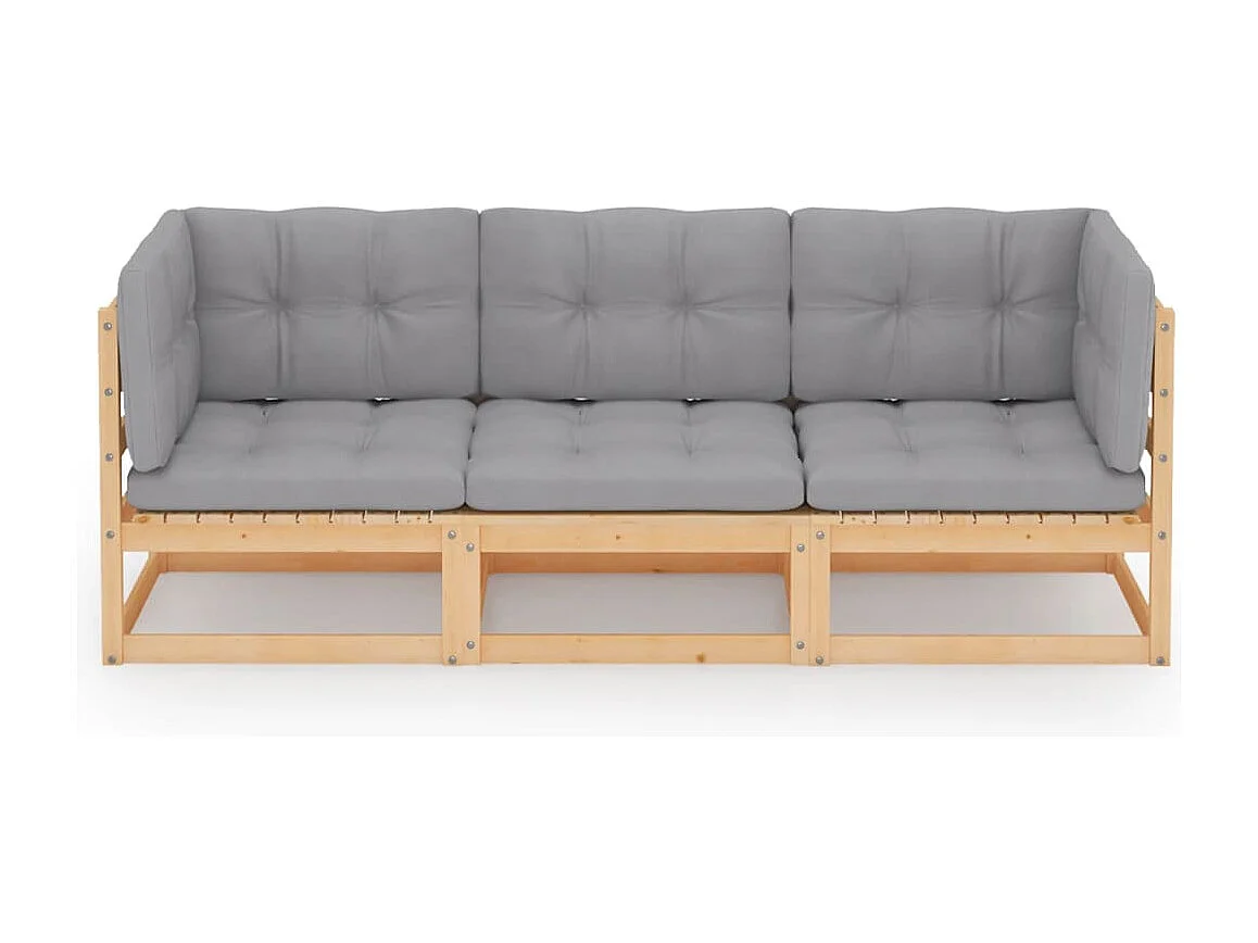 Divano da Giardino a 3 Posti con Cuscini Legno Massello di Pino