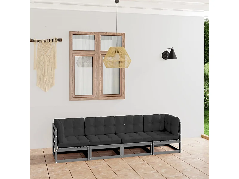 Tuinbank 4-zits met kussens massief grenenhout