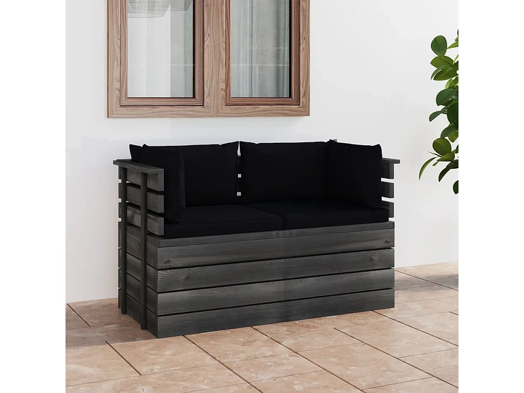 Tuinbank 2-zits met kussens pallet massief grenenhout