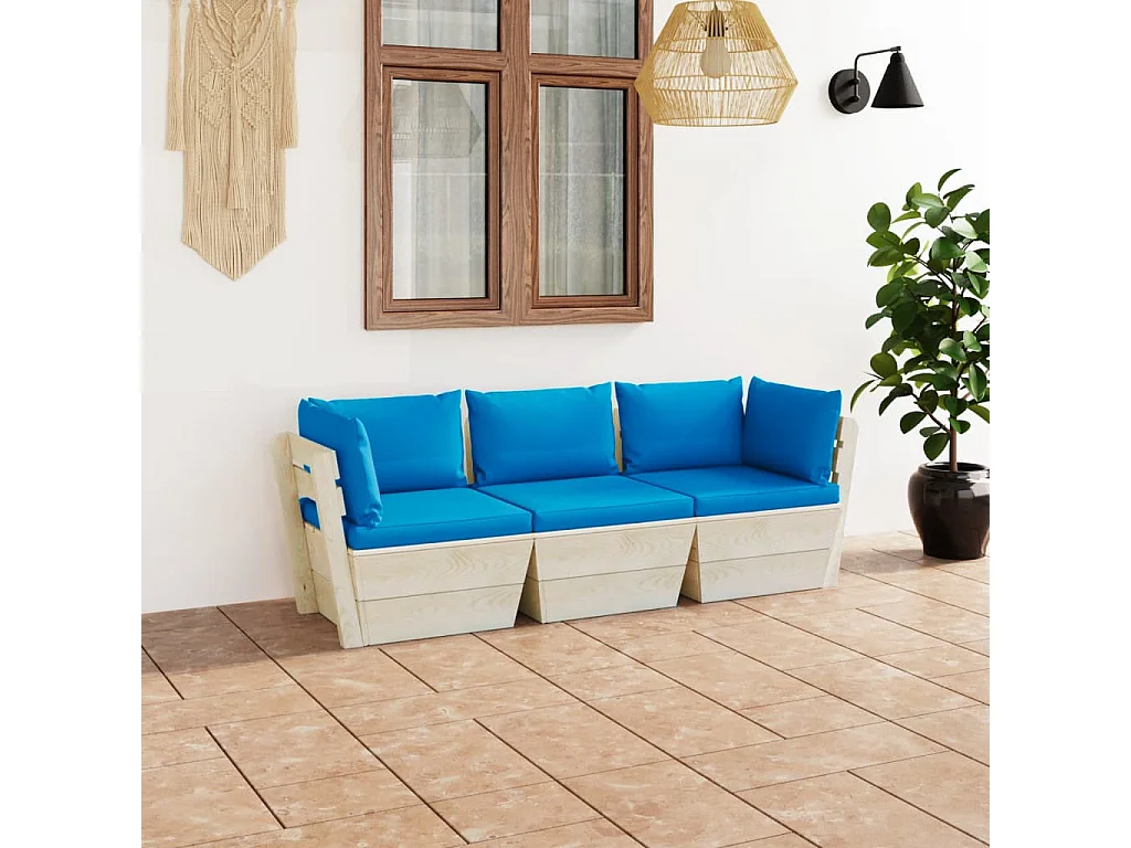 Sofá paletes 3 lugares p/ jardim c/ almofadões madeira de abeto