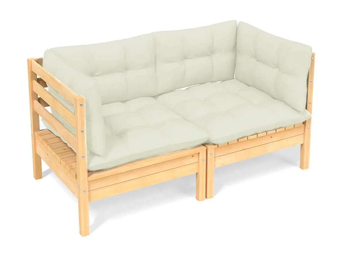Canapé 2 places de jardin et coussins crème Bois de pin solide