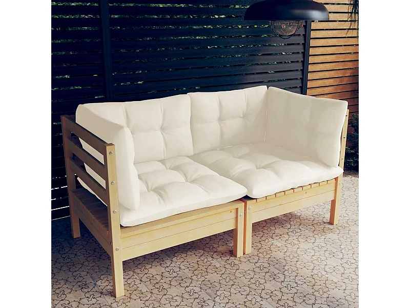 Canapé 2 places de jardin et coussins crème Bois de pin solide