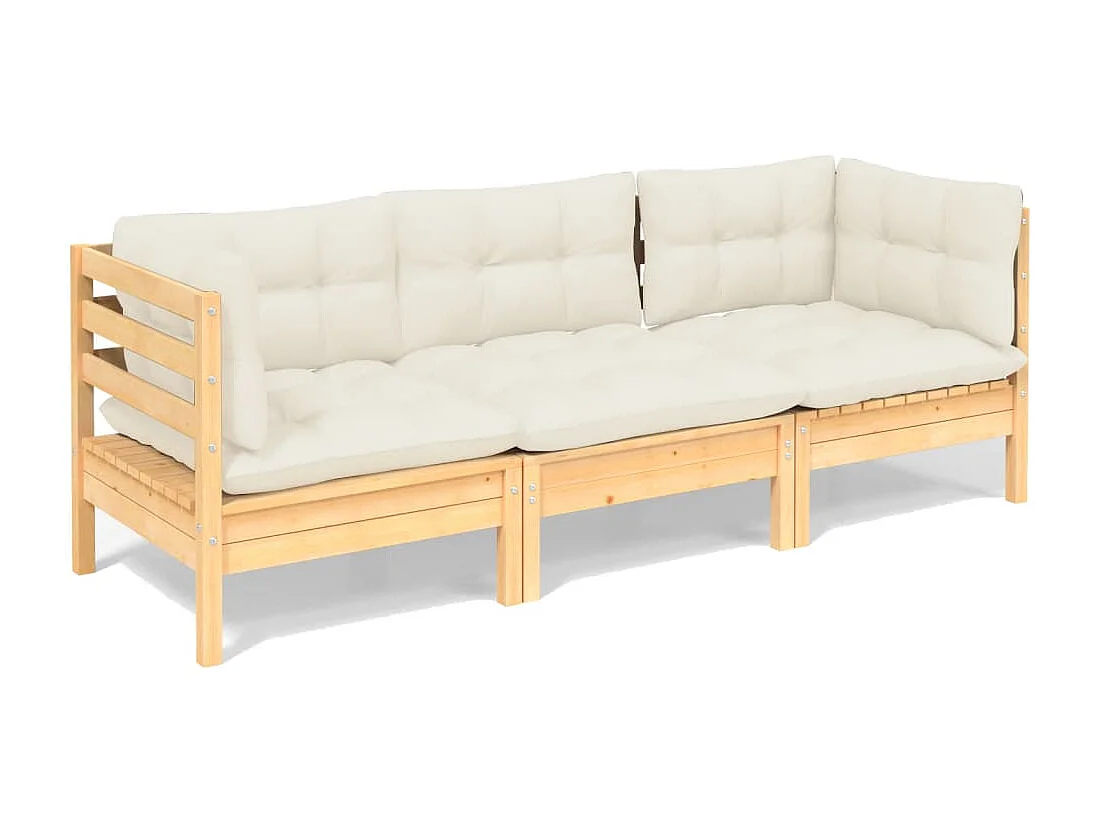 Tuinbank 3-zits met crèmekleurige kussens massief grenenhout