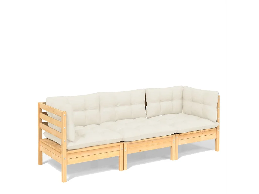 3-Sitzer-Gartensofa mit Creme Kissen Massivholz Kiefer