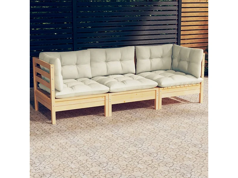 3-Sitzer-Gartensofa mit Creme Kissen Massivholz Kiefer
