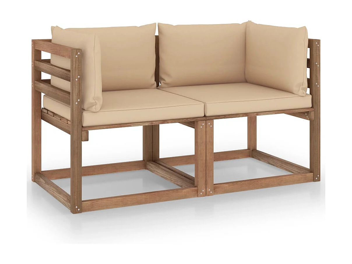 Sofá de paletes p/ jardim 2 lugares com almofadões bege pinho