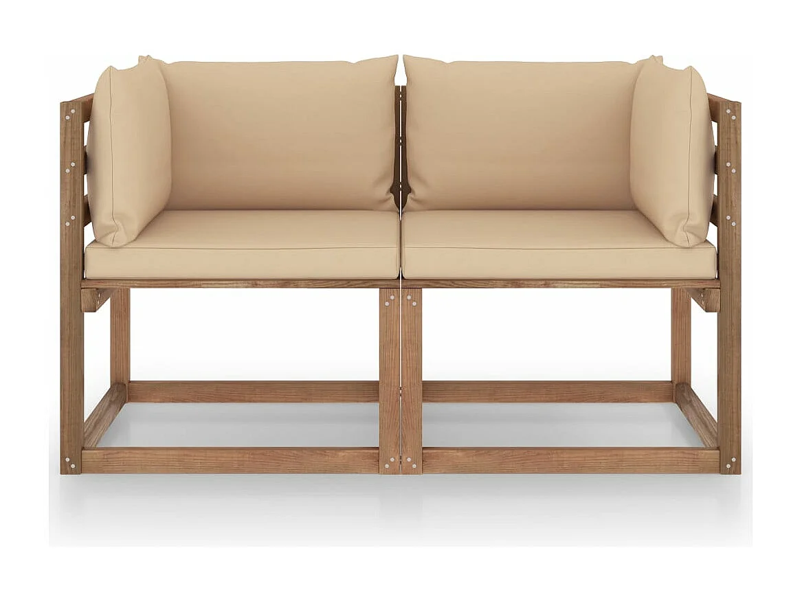 Sofá de paletes p/ jardim 2 lugares com almofadões bege pinho