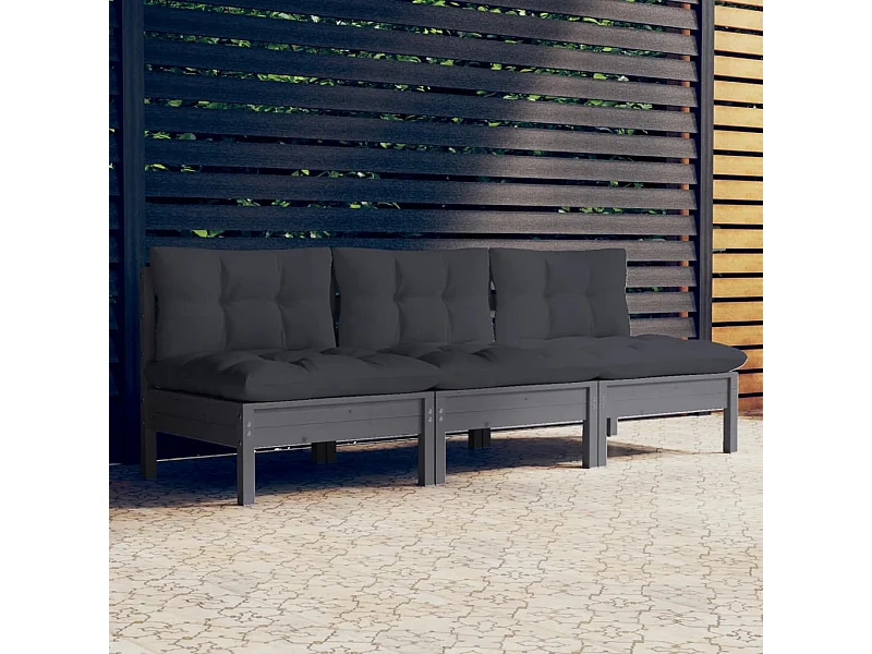 Canapé 3 places de jardin avec coussins anthracite Bois de pin