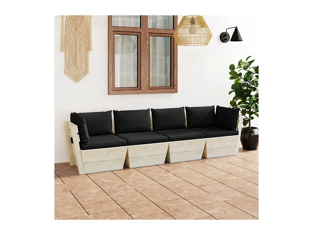 Canapé palette à 4 places de jardin avec coussins Bois d'épicéa