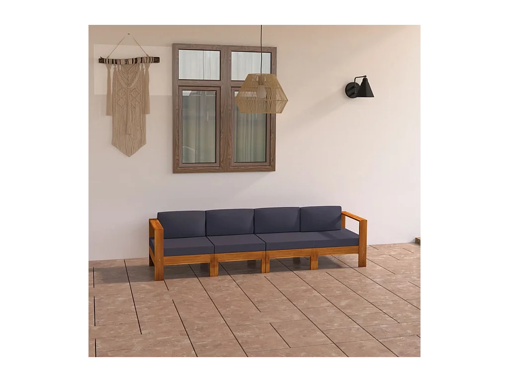Canapé de jardin 4 places et coussins gris foncé bois d'acacia