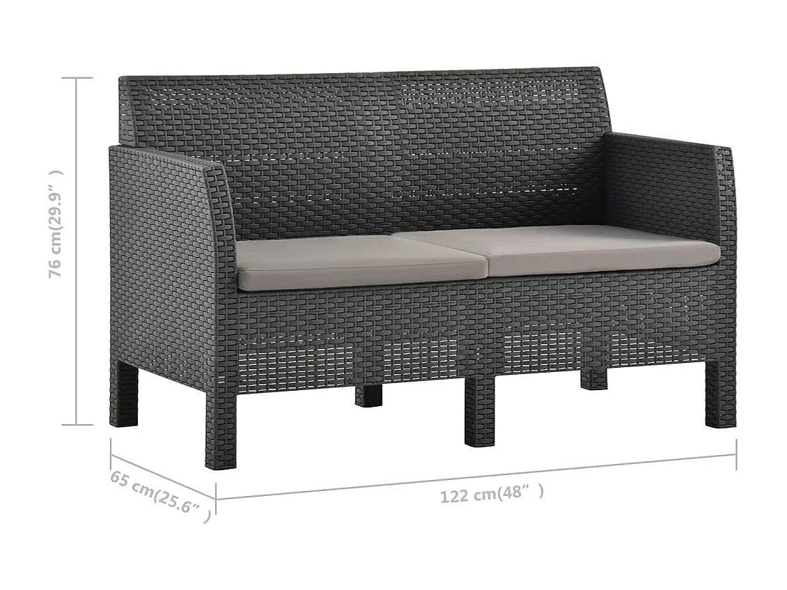 Canapé à 2 places de jardin avec coussins Anthracite PP Rotin