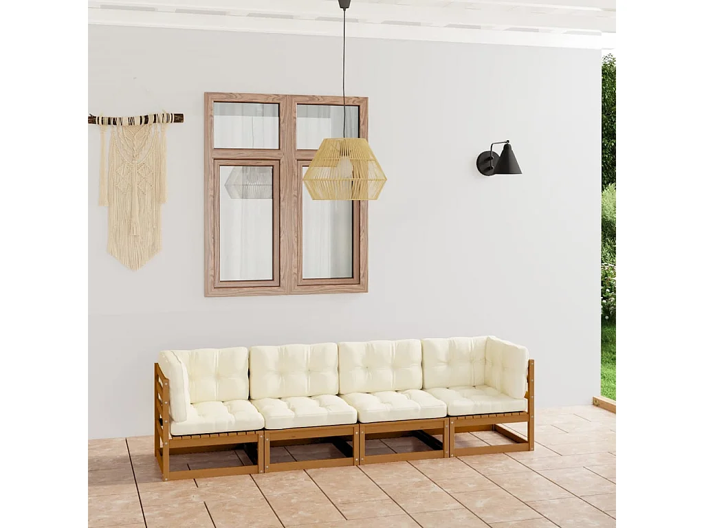 Tuinbank 4-zits met kussens massief grenenhout