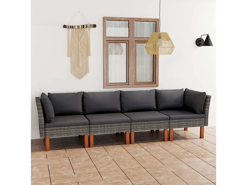 Tuinbank 4-zits met kussens poly rattan grijs