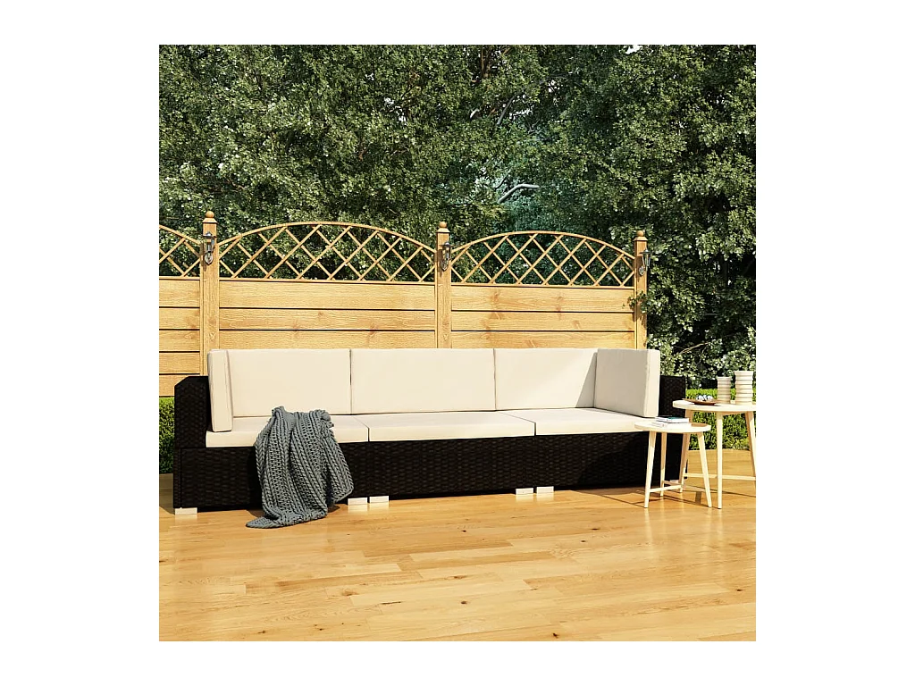 Salon de jardin 3 pcs avec coussins résine tressée noir