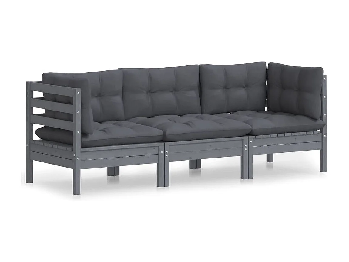 Canapé 3 places de jardin avec coussins anthracite Bois de pin