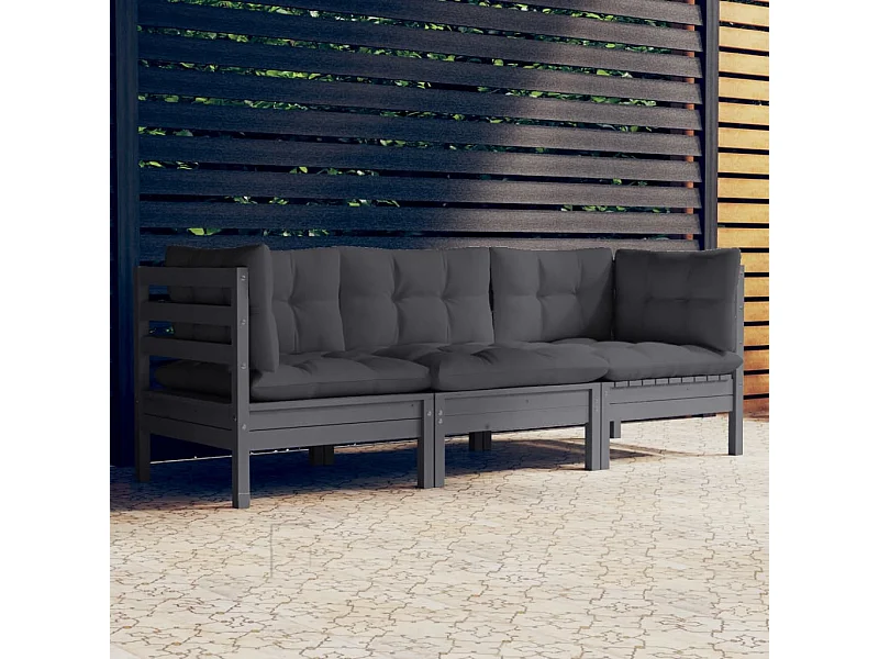 Canapé 3 places de jardin avec coussins anthracite Bois de pin