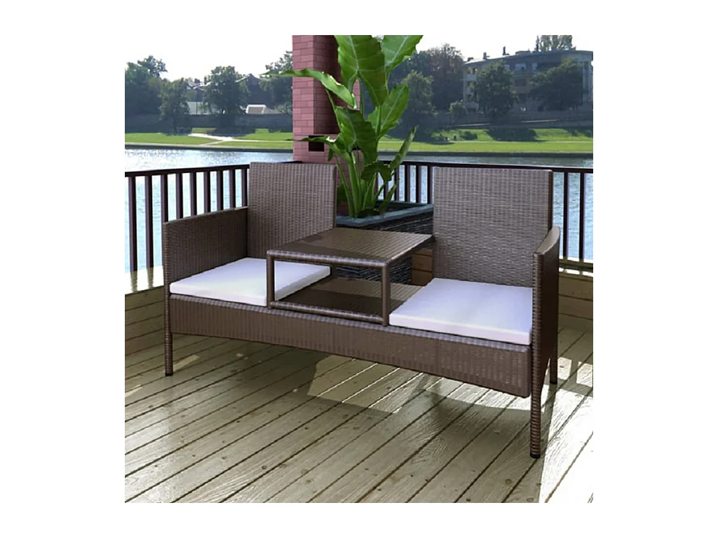 Divano da Giardino a 2 Posti con Tavolino in Polyrattan Marrone