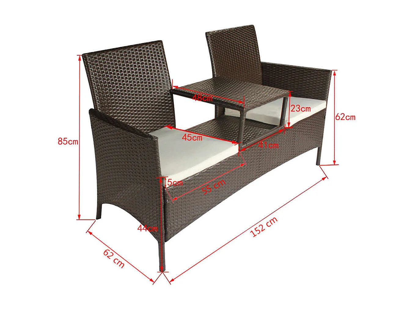 Divano da Giardino a 2 Posti con Tavolino in Polyrattan Marrone