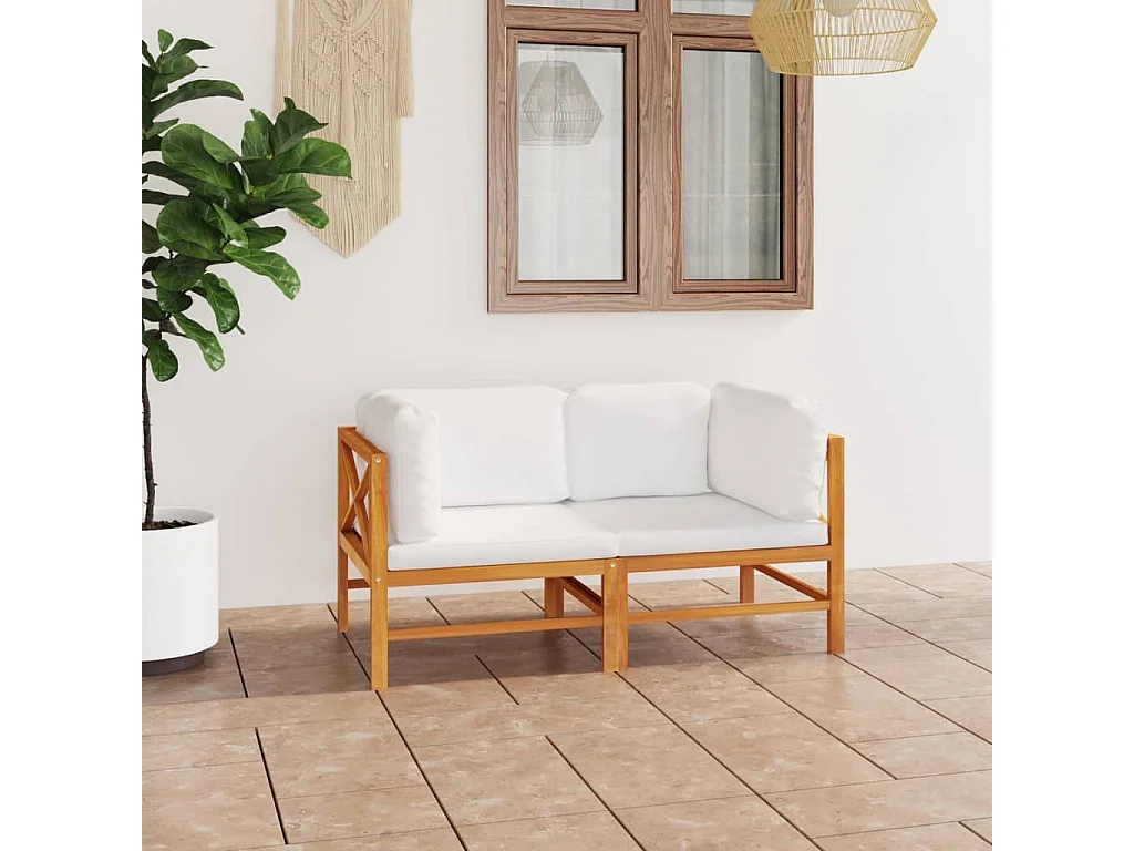 Sofá de jardim 2 lugares c/ almofadões cor creme teca maciça