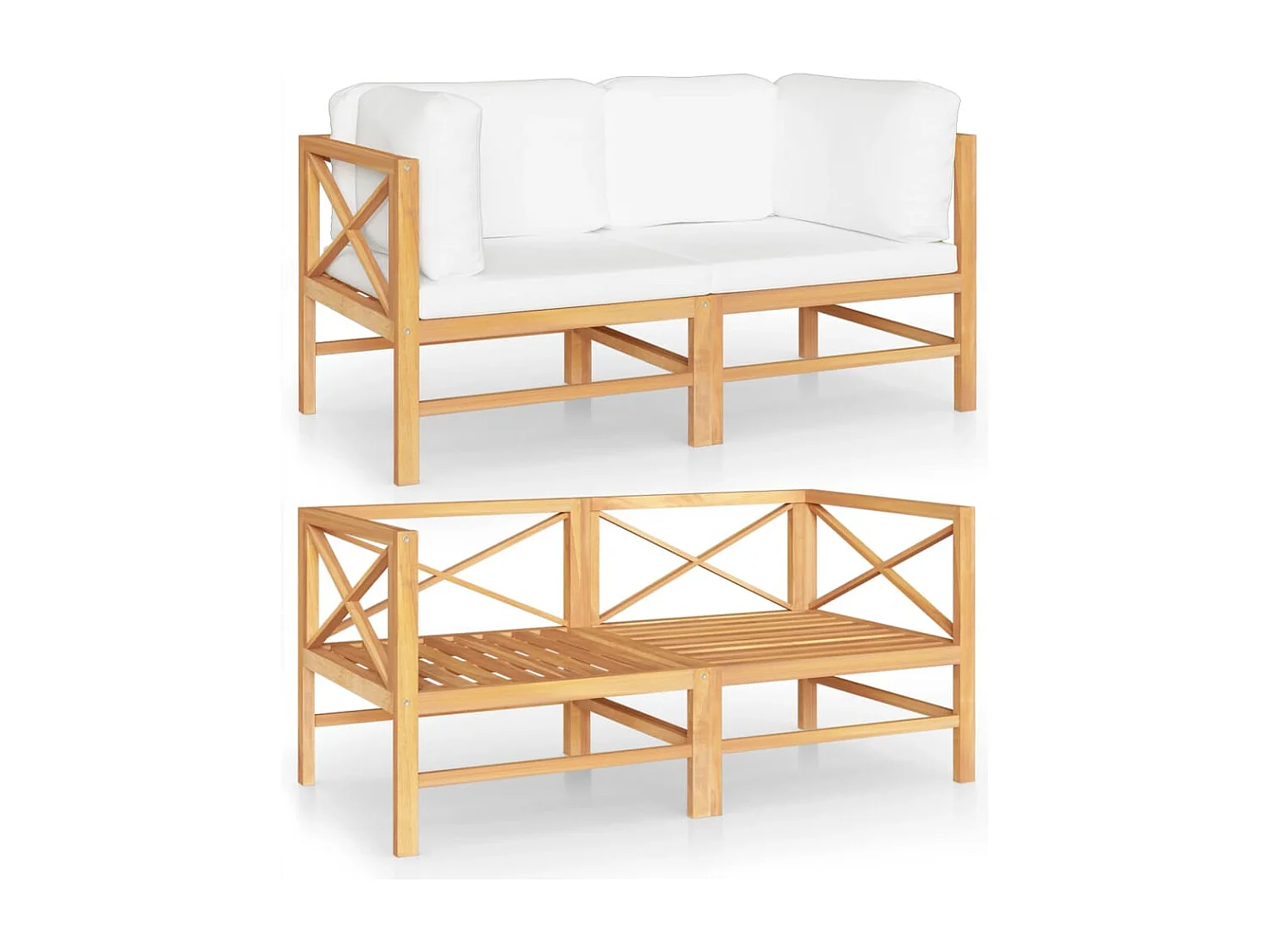 Sofá de jardim 2 lugares c/ almofadões cor creme teca maciça