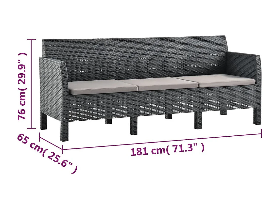 Canapé à 3 places de jardin avec coussins Anthracite PP Rotin