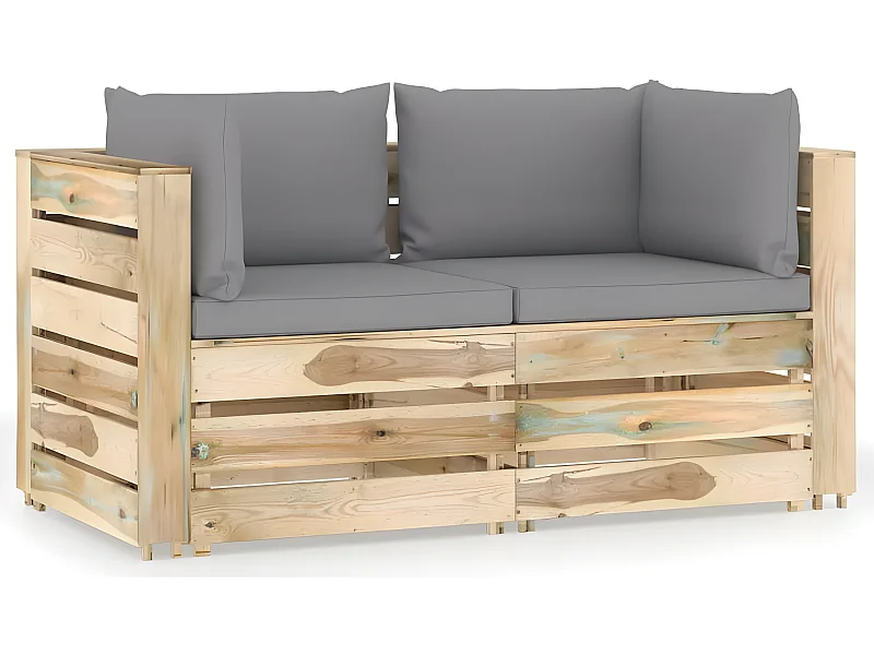 Canapé de jardin 2 places avec coussins Bois imprégné de vert