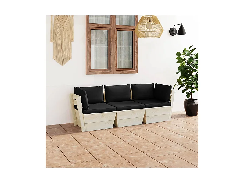 Canapé palette à 3 places de jardin avec coussins Bois d'épicéa