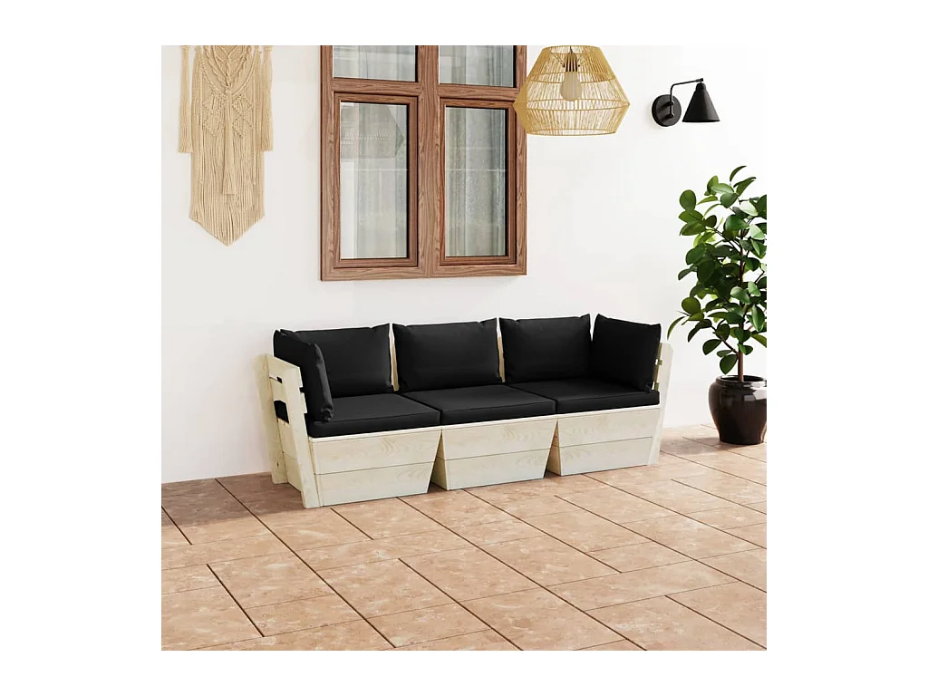 Canapé palette à 3 places de jardin avec coussins Bois d'épicéa