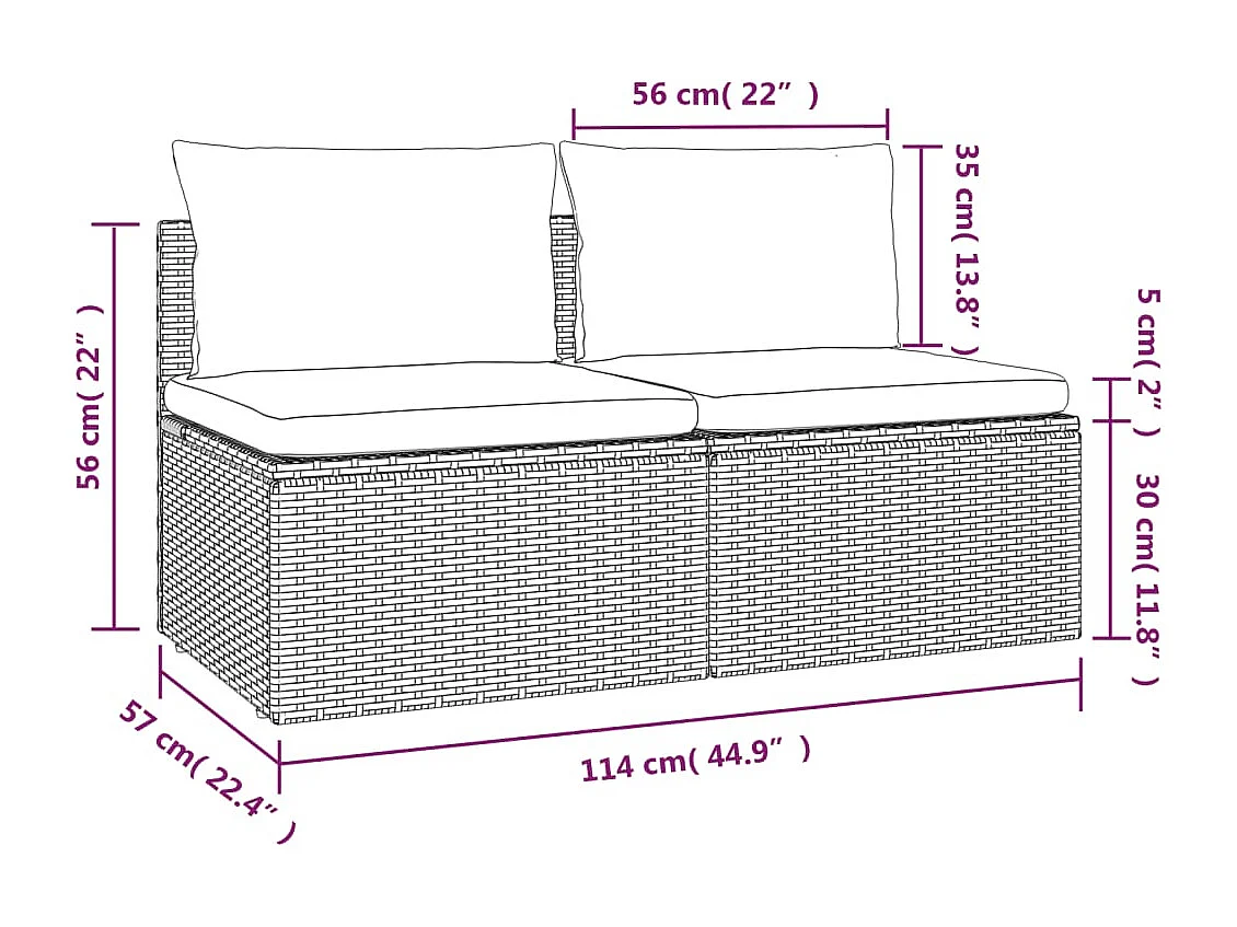 Canapé de jardin 2 places avec coussins Gris Résine tressée