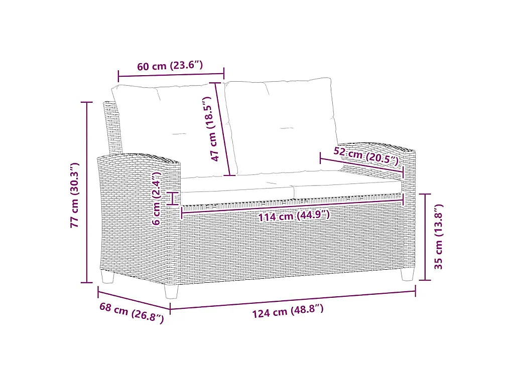 2-Sitzer-Gartensofa mit Kissen Grau 124 cm Poly Rattan