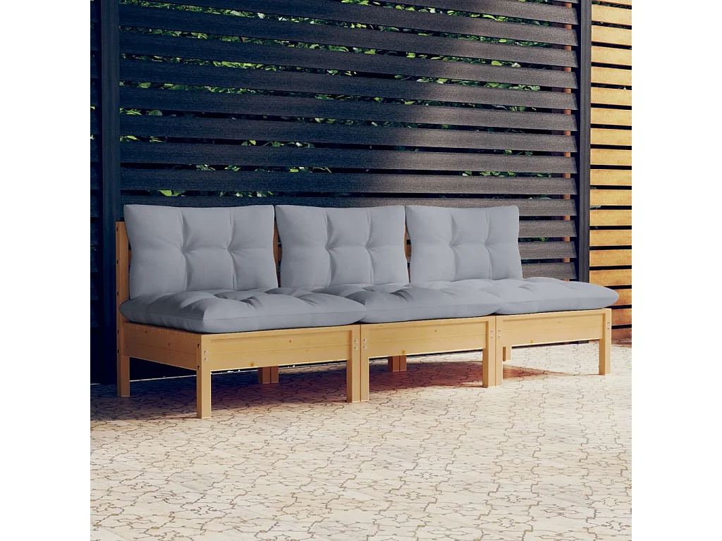 3-Sitzer-Gartensofa mit Grauen Kissen Massivholz Kiefer