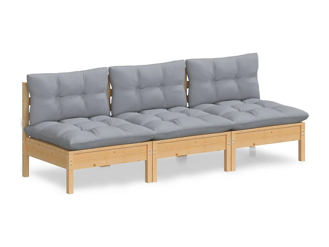 3-Sitzer-Gartensofa mit Grauen Kissen Massivholz Kiefer
