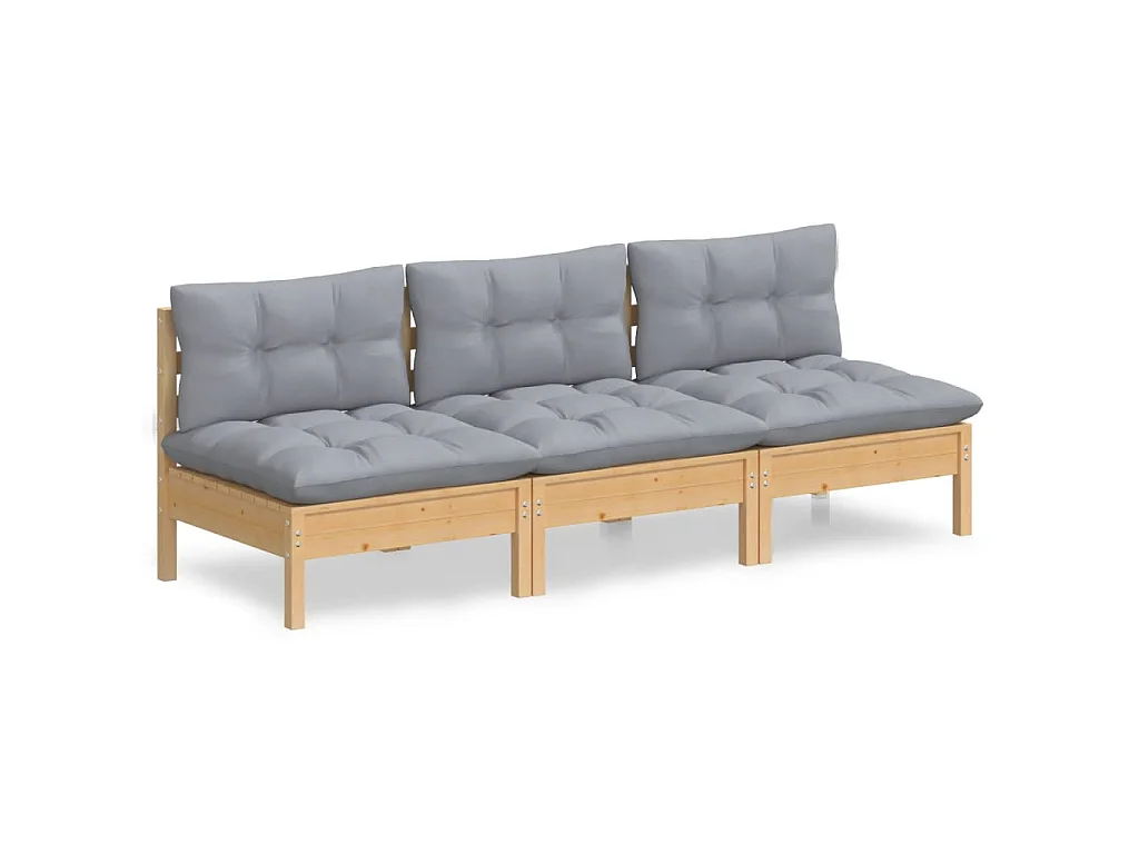 Canapé 3 places de jardin et coussins gris Bois de pin solide