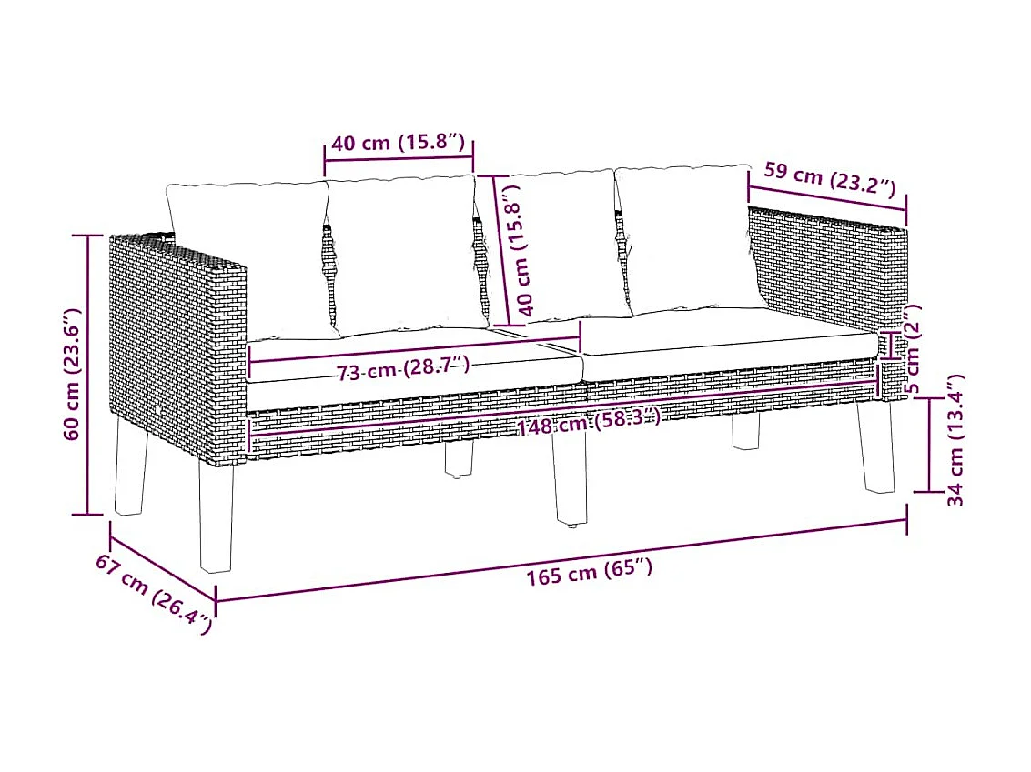 Canapé de jardin à 2 places avec coussins Résine tressée Beige