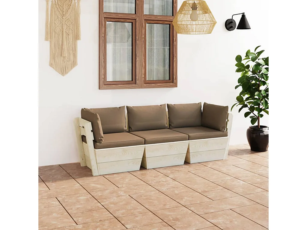 Sofá paletes 3 lugares p/ jardim c/ almofadões madeira de abeto