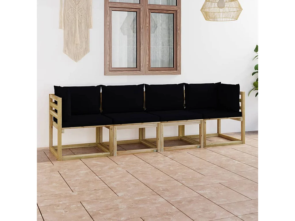 Canapé de jardin 4 places avec coussins noir